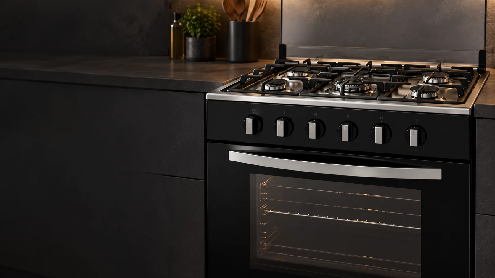 Close-up of a black gas cooker and its burner controls