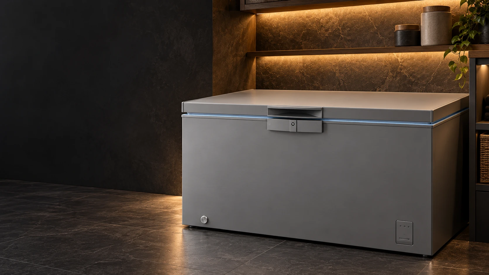 Close-up of a chest freezer in a contemporary home pantry