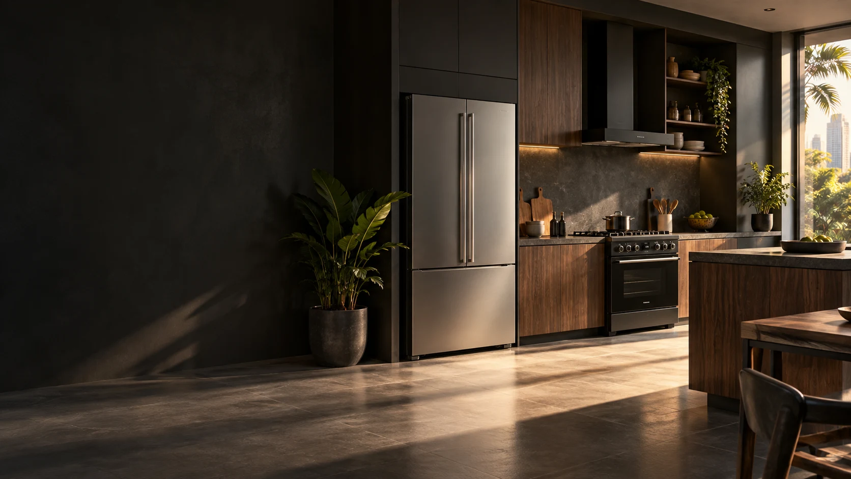 Contemporary kitchen with freestanding appliances and walnut cabinetry
