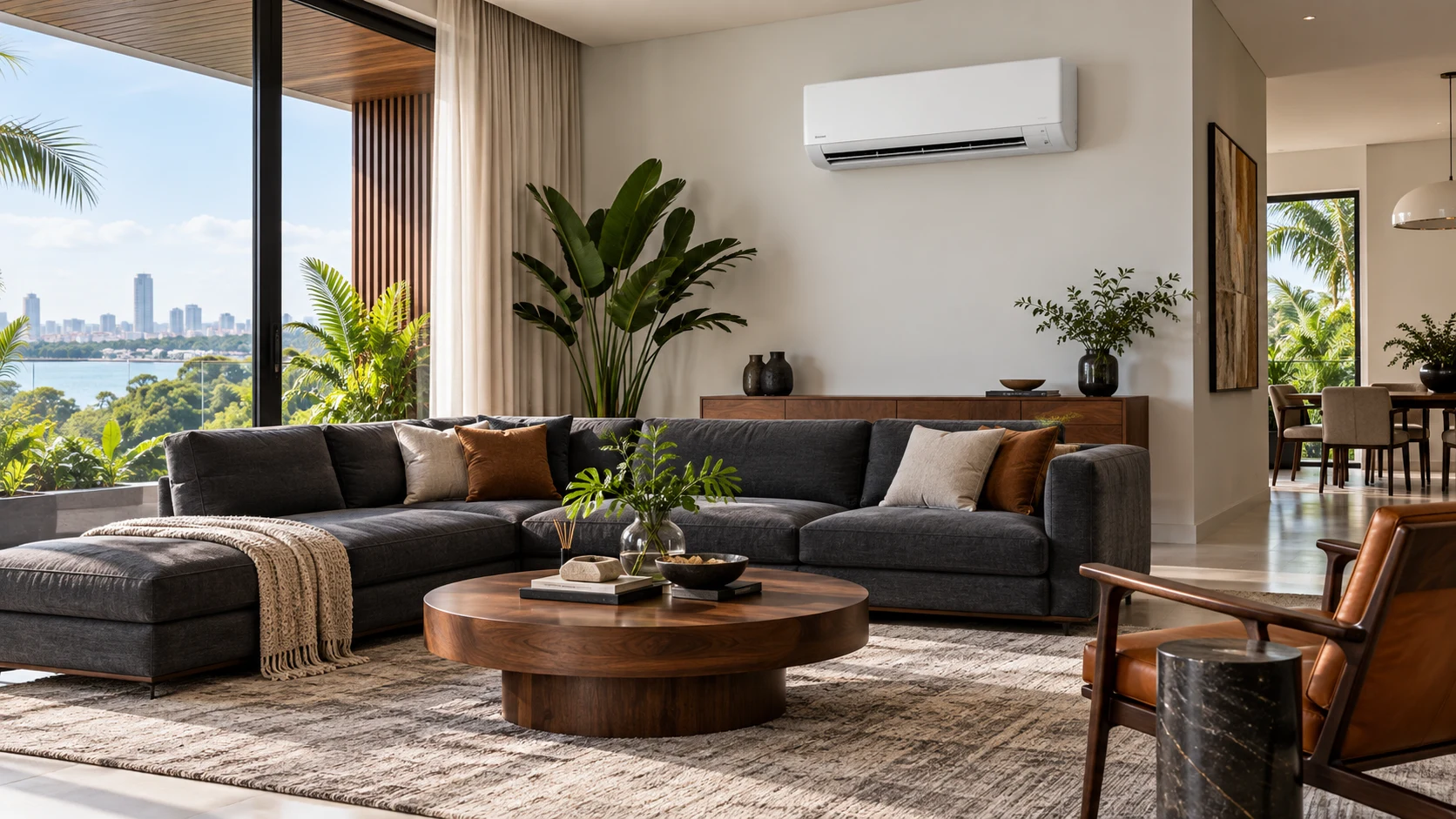 Air-conditioned living room with tropical greenery outside