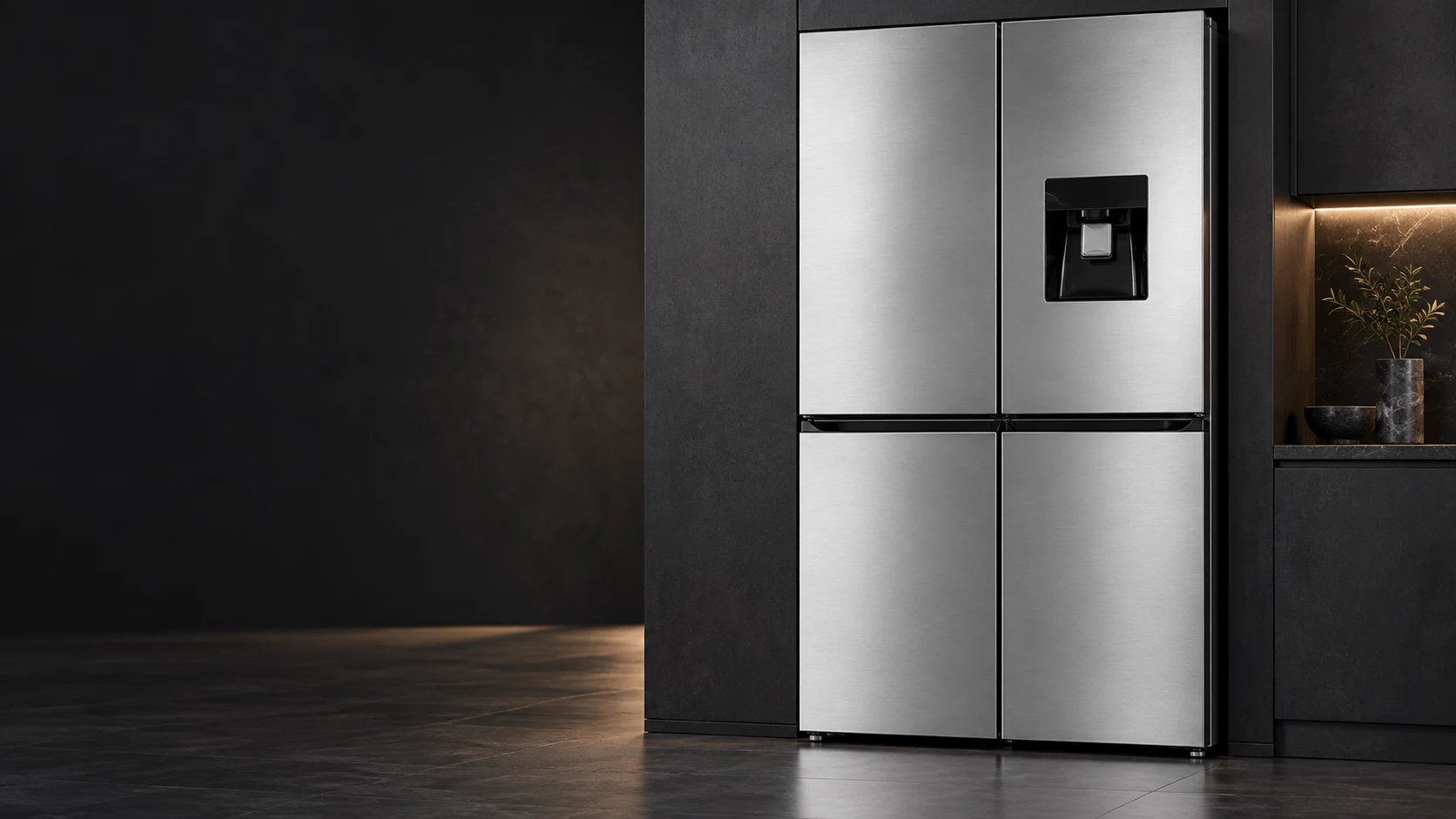 Close-up of stainless refrigerator doors and water dispenser